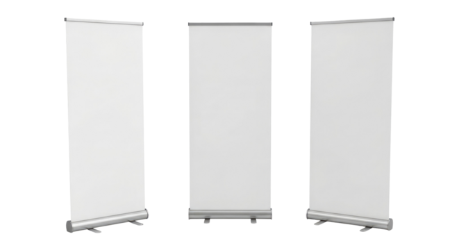 Empty White Pull Up Banners for Advertising and Marketing Displays, Cut Out, Clipping Path, Isolated on a Transparent PNG Background.