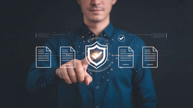 Man touches virtual shield icon for digital security, data protection concept