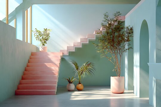 Interior with pink stairs plants and light blue walls creating a serene and modern aesthetic space