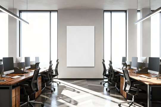 Modern open office workspace with long wooden desks, multiple desktop computers, ergonomic chairs, and bright natural window lighting - Powered by Adobe