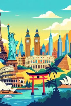 Animated travel around the world, famous landmarks and monuments vector illustration, world