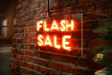 Illuminated flash sale neon sign mounted on a brick wall with blurred background and some green plants