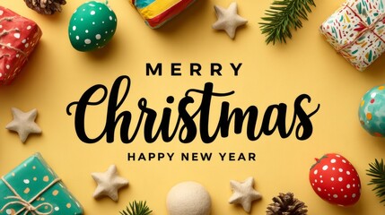 Colorful cheerful Christmas greeting card with gold lettering, vibrant ornaments, rainbow confetti, playful stars, patterned gifts and lively top-down photorealistic festive design
