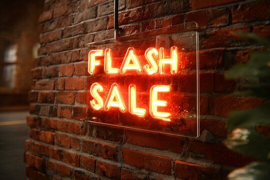 Illuminated flash sale neon sign mounted on a brick wall with blurred background and some green plants
