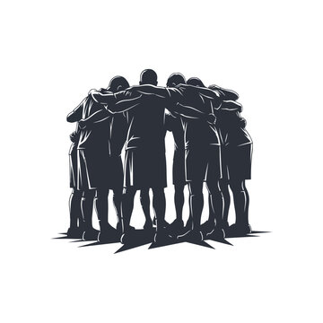 Team huddle of athletes in silhouette isolated on white background