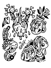 Edgy black and white art with skulls, crying faces, and bird