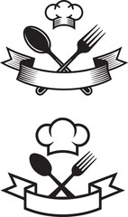 Chef hat with spoon and fork vector banner logo for restaurant or cafe food