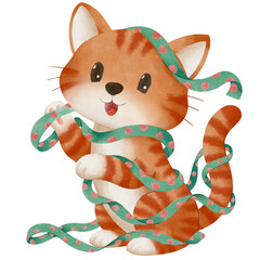 Cute Christmas illustration of an orange cat tangled in a green festive ribbon