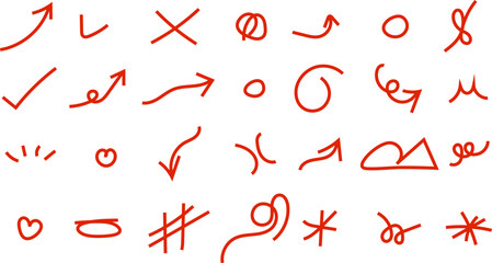 Collection of hand drawn red arrows and symbols 