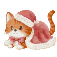 Cute Christmas illustration of an orange cat wearing a Santa-style red cloak and hat