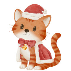 Cute Christmas illustration of an orange cat wearing a Santa hat and red cloak with a bell bow