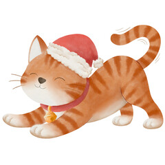 Cute Christmas illustration of an orange cat wearing a Santa hat stretching playfully