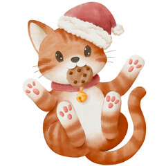 Cute Christmas illustration of an orange cat wearing a Santa hat and biting a cookie