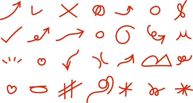 Collection of hand drawn red arrows and symbols 