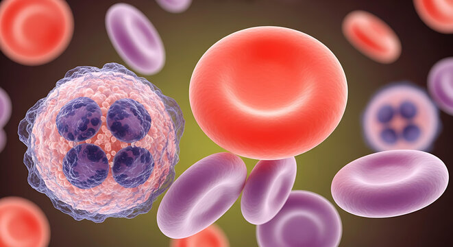Detailed microscopic view showcasing vibrant red blood cells and a leukocyte, ideal for scientific research or medical illustration applications needing clarity