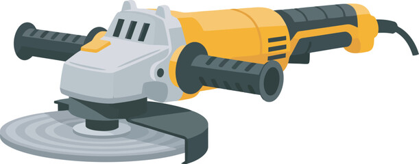 Illustration of a yellow and gray angle grinder with a black handle.