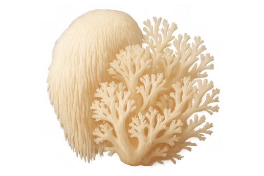 Lion's mane mushroom and coral mushroom illustration depicting edible fungi with transparent background for natural health concepts