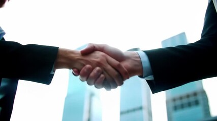 Successful business deal sealed with a firm handshake against a modern city skyline - Powered by Adobe