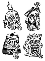 Weird black-white linocut tribal heads with long tongues