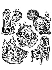 No Gods: black-white edgy linocut tiger, frog, and clock