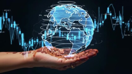 Human hand holding a digital projection of Earth over a background of financial stock market charts - Powered by Adobe
