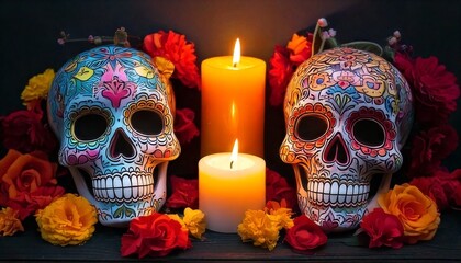 Decorated Sugar Skulls and Candles.
