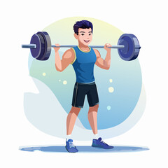 Vector illustration of a smiling young man in a blue tank top and black shorts lifting a barbell on his shoulders, demonstrating strength and fitness.