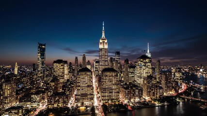 Manhattan cityscape timelapse featuring iconic skyline with towering skyscrapers, tranquil river, and sleek bridge perfectly capturing dynamic energy and pulsing activity of financial hub and. - Powered by Adobe
