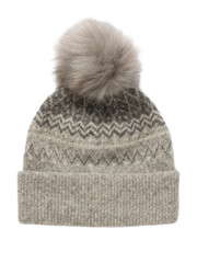 Warm knitted winter cap on a plain white backdrop for woman