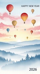 Obraz premium Happy New Year 2026 Colorful Hot Air Balloons Ascending Over Misty Mountain Landscape at Sunrise
