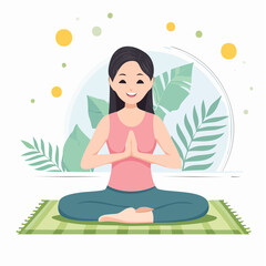 A smiling woman meditating in a lotus position on a green mat, surrounded by serene leaves and abstract circles, promoting peace and wellness.
