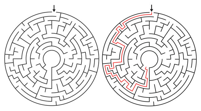 22 Cells Diameter Theta Round Maze Game for Adults - Simple and Easy Maze Game Flat Vector Black and White Outline Illustration - Problem Solving Game kdp.