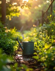A sunlit, rustic garden path leads the eye towards a watering can. Lush greenery surrounds the pathway, bathed in golden light