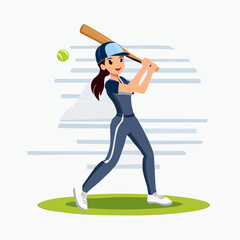 Cartoon illustration of a young woman in a baseball uniform, holding a bat and ready to hit a flying ball on a green field.