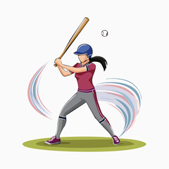 A female baseball player in a batting stance, ready to hit the ball, with dynamic motion lines.