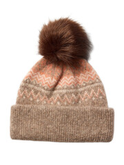 Warm knitted winter cap on a plain white backdrop for woman