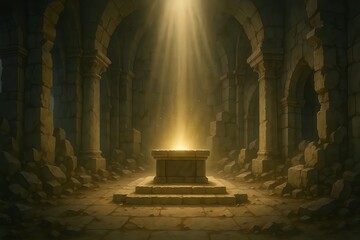 廃墟神殿に差す黄金の光と祭壇｜Golden Light Altar in Ruined Temple