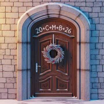 Epiphany house blessing chalk inscription over a door with a christmas wreath. Tradition.