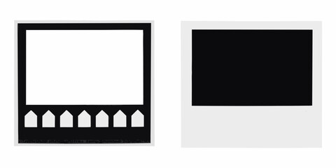 Two distinct instant photo frames one with a blank white space and a decorative bottom border and another with a solid black square