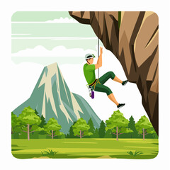 A male climber scales a rocky cliff face with mountains and trees in the background.