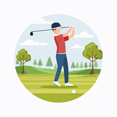 A male golfer in a red shirt and blue pants swinging a golf club on a green course with trees and a blue sky.