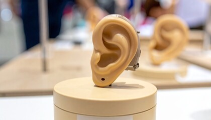 Ear model with healthcare exhibit close up.