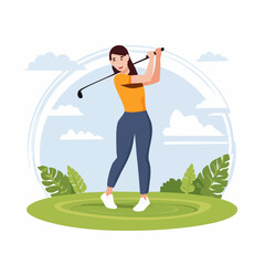 A smiling woman in an orange shirt and blue pants playing golf on a green course under a blue sky.