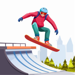 A cartoon illustration of a person snowboarding, jumping off a ramp with a city skyline and pine trees in the background.