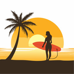 Silhouette of a woman with a surfboard on a tropical beach at sunset with a palm tree.