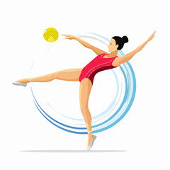 Female rhythmic gymnast in a red leotard performing a graceful routine with a yellow ball, set against a dynamic blue swirl background.