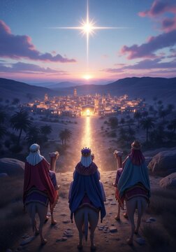 Three wise men on camels follow the star to bethlehem at night, concept of christmas.