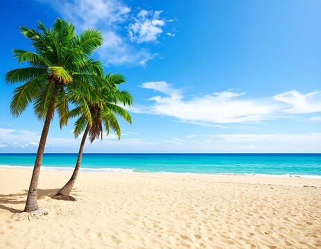 Tropical beach scene with coconut trees leaning toward calm turquoise water under a blue sky dotted with puffy clouds. The sand is light