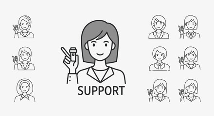 Illustration of a woman holding a bottle and pointing, with the word SUPPORT below her, surrounded by smaller icons of women.