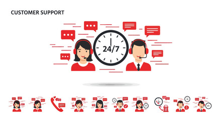 Vector illustration of 24/7 customer support with call center agents and communication icons.